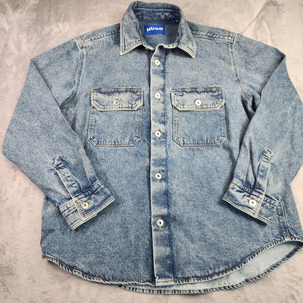 New Hugo Boss Acid Wash Denim Button Up Shirt Men's Medium Long Sleeve Cotton